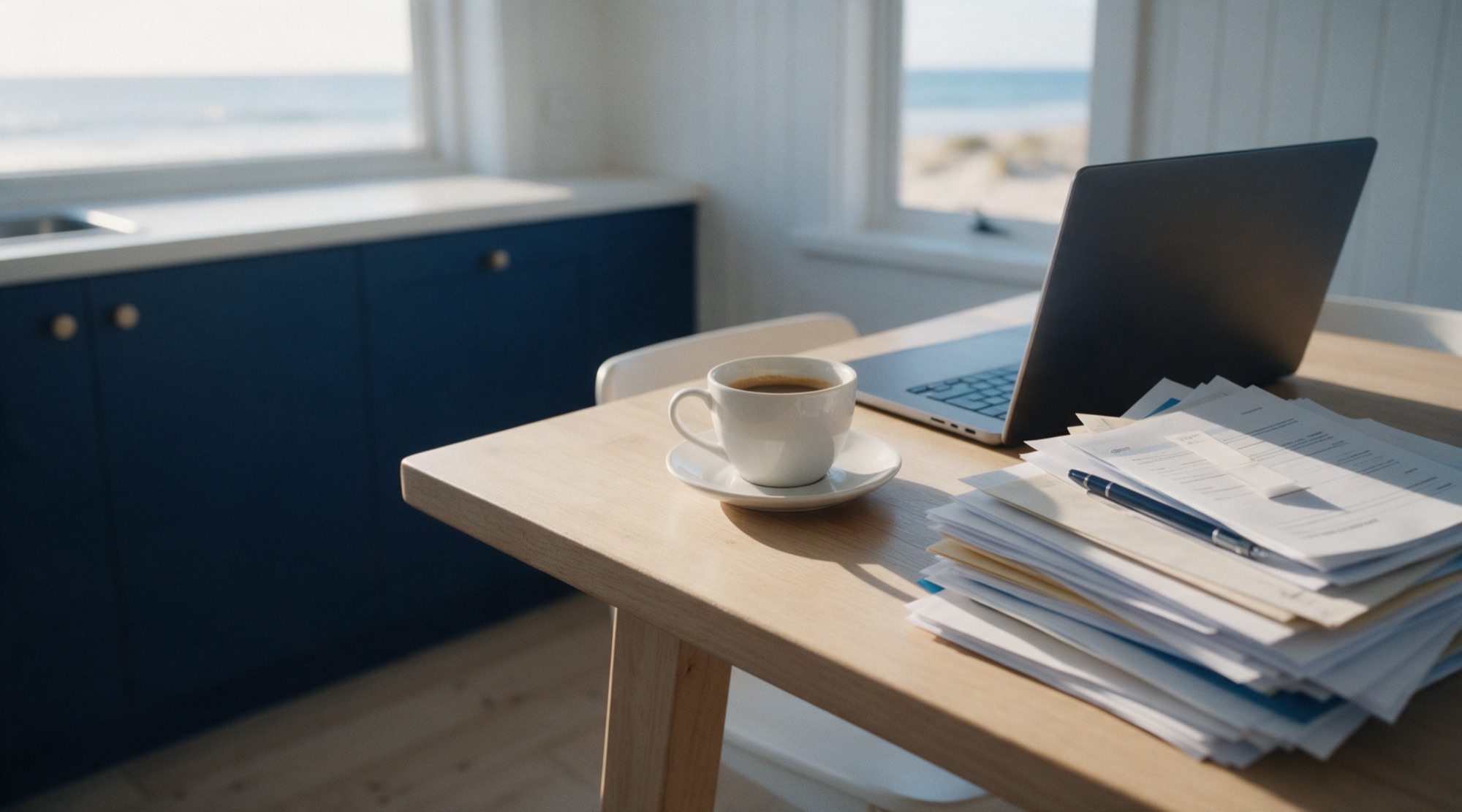 Coffee, a laptop and paperwork on a kitchen table near the ocean.